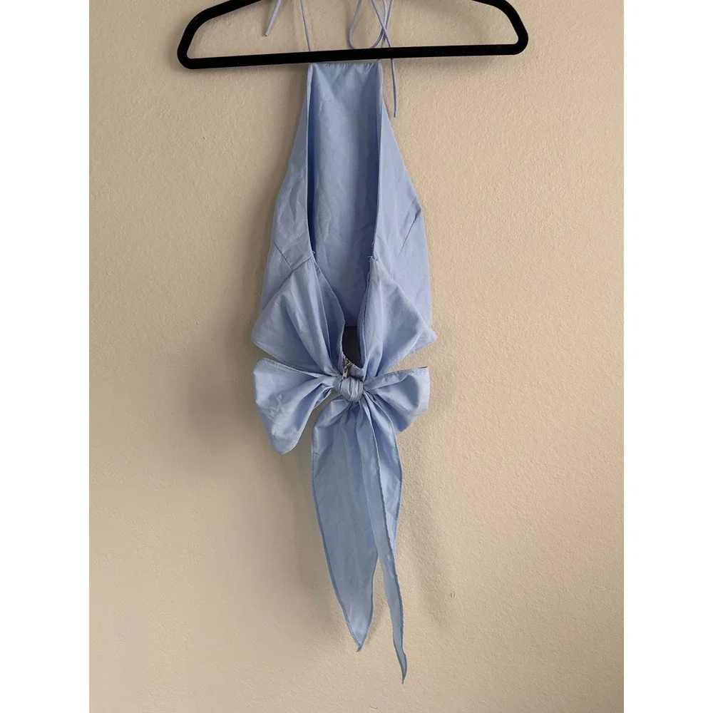 Lulus Light Blue Halter Crop Top Open Back Bow Tie XS Summer Sleeveless